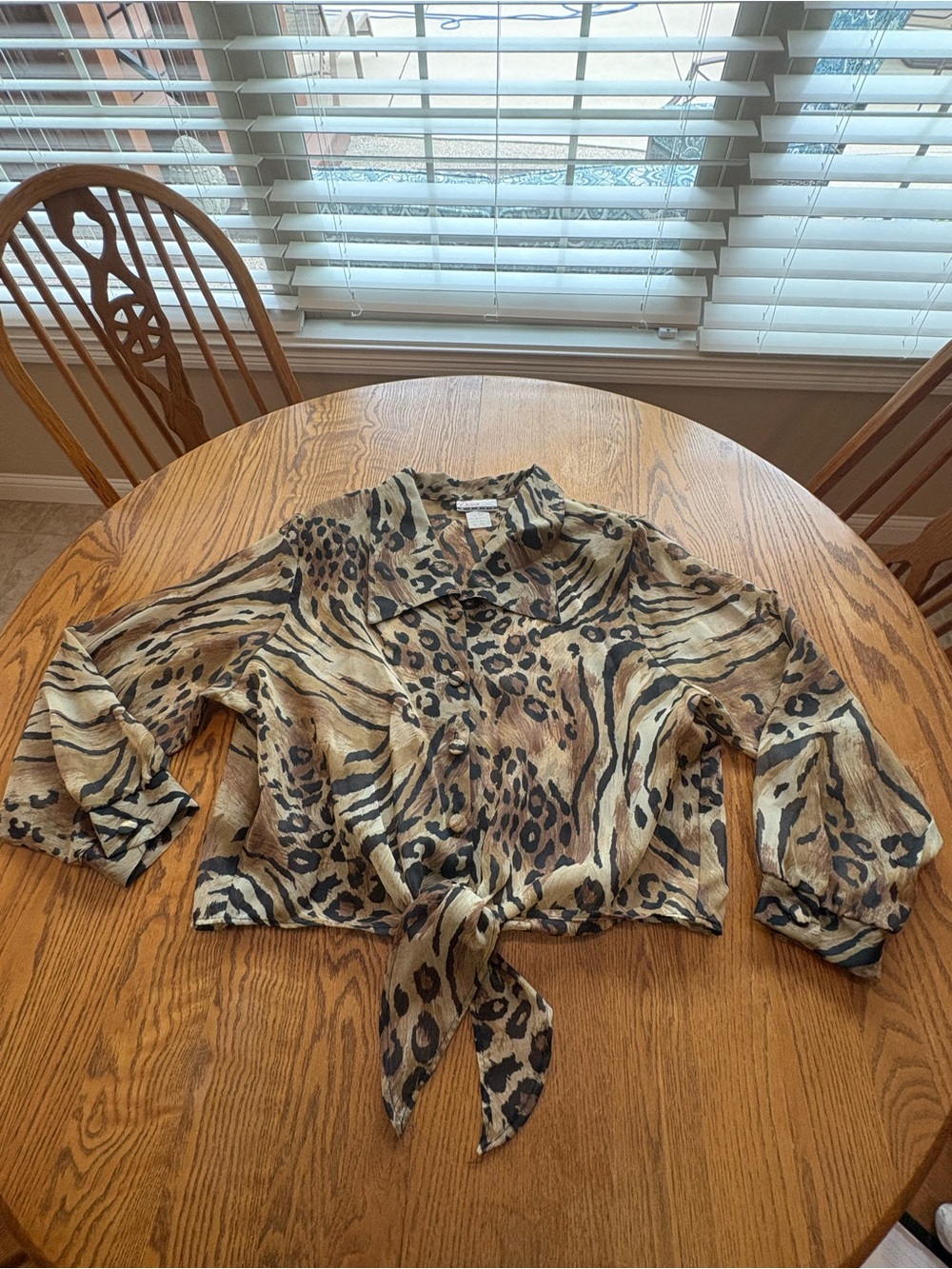 Vintage Diana Marco Button Tie Front Sheer Animal Jungle Print Long Slv Top 22